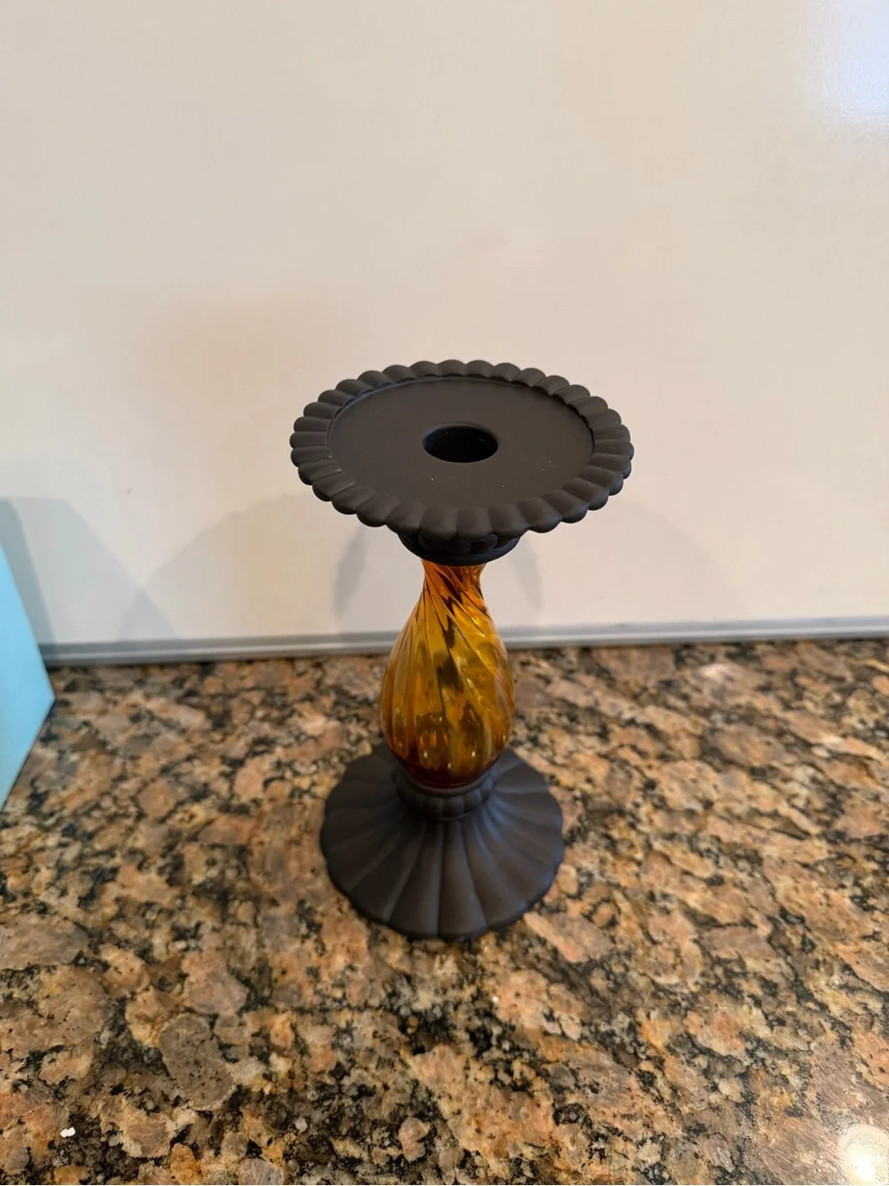 PartyLite Amber Glass Candle Stand with Matte Black Metal Base